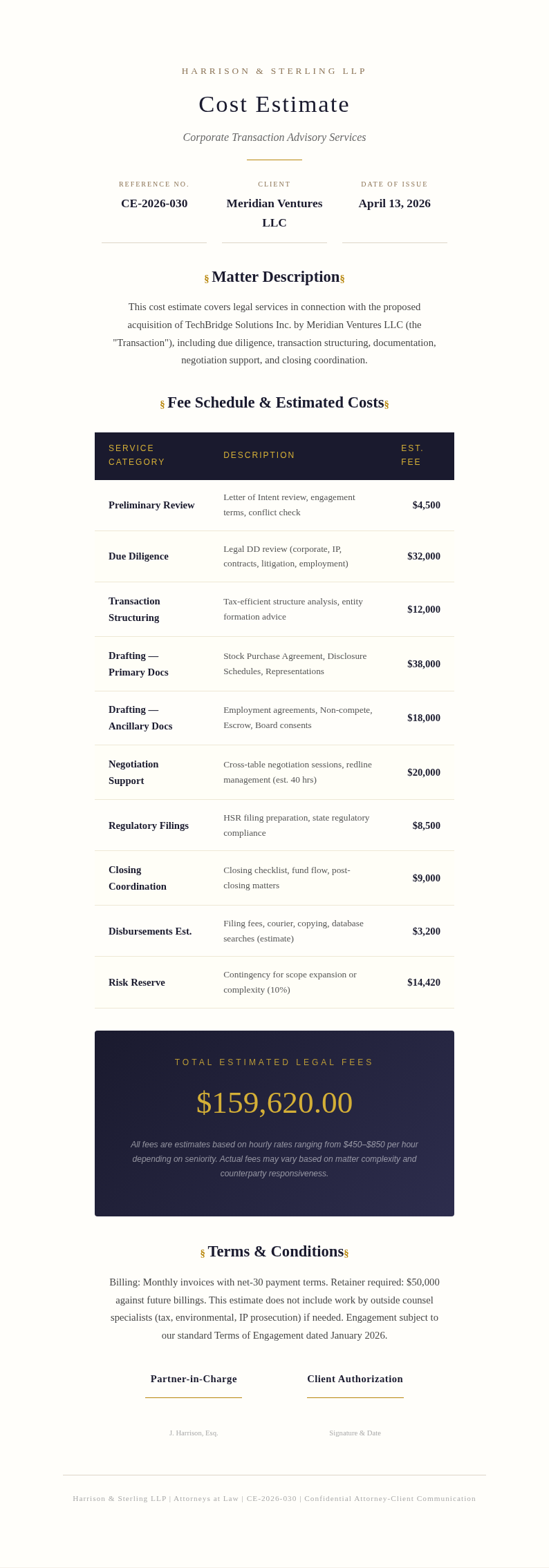 Legal professional services cost estimate